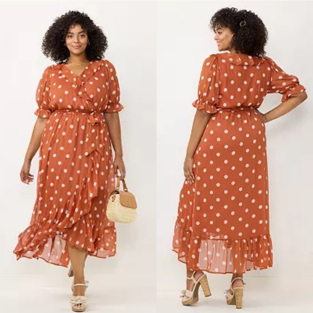 LC Lauren Conrad Polka-Dot Ruffle Faux Wrap Dress 4X